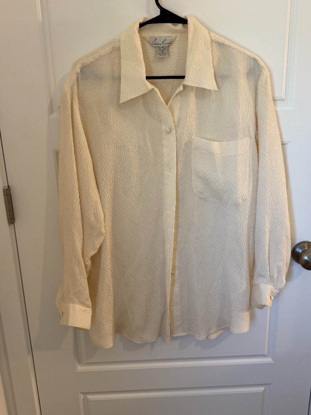 Vintage Anne Carson 100% Silk Ivory Textured Button Front Blouse Womens M